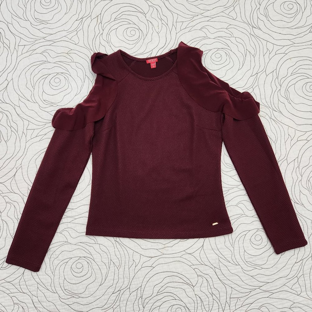 GUESS [XS] Burgundy Cold Shoulder Ruffle Long Sleeve Guess Top